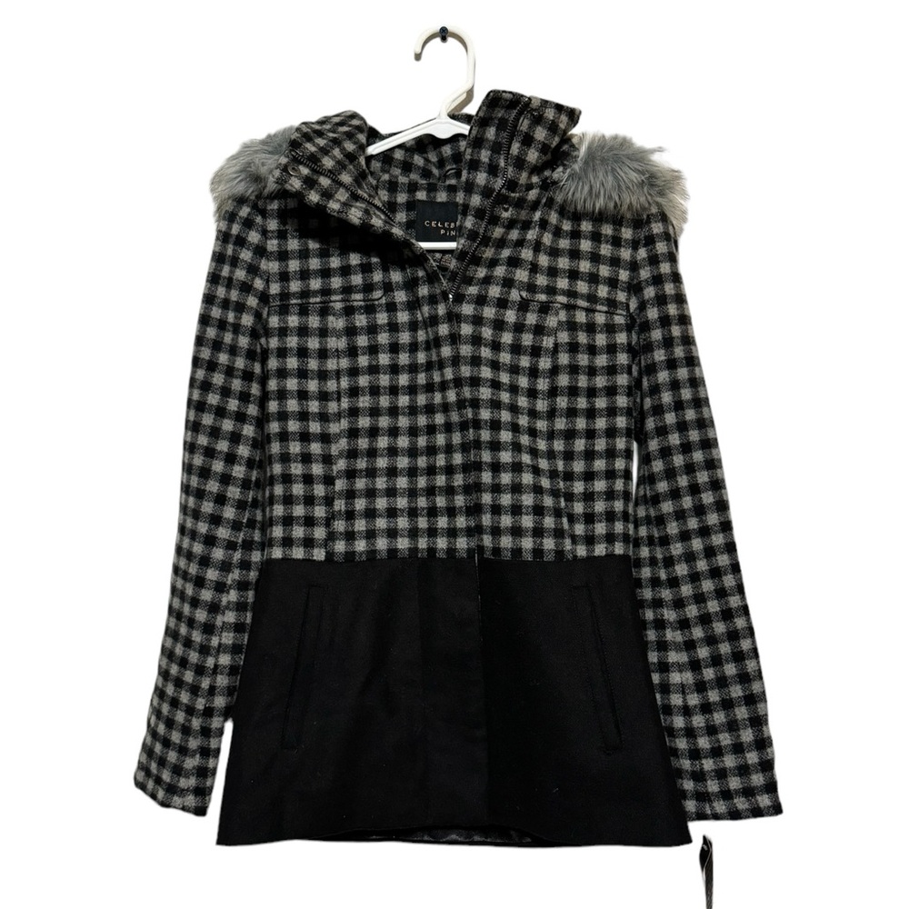 Celebrity Pink NWT Black Gray Gingham Plaid Faux Fur Wool Blend Coat Size XS